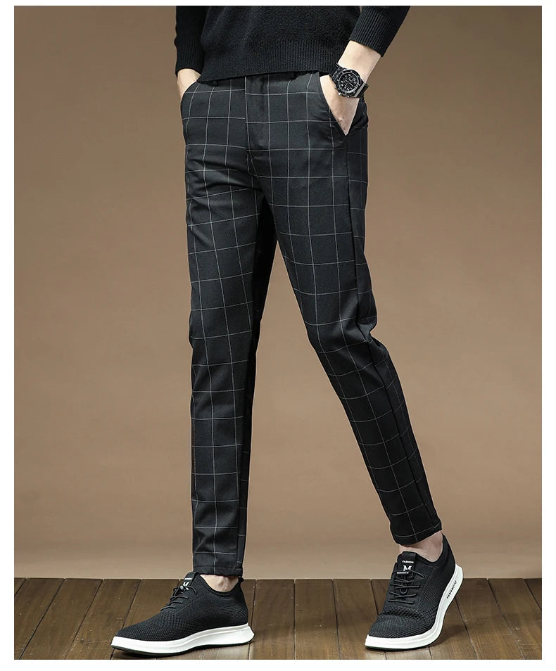 Fashion High Quality OUSSYU Men Pants Straight Long Classic Business Brand Thin England Stripe Casual Full Trousers Male 36 38