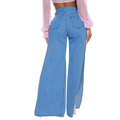 Blue Sexy Hole Jeans Women Stretch Split Wide Leg Denim Flare Long Pants Spring Autumn New High Street Ladies Fashion Club