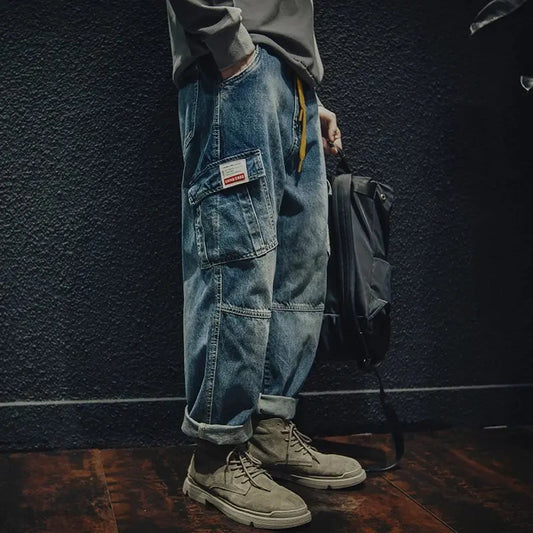 Autumn Winter Cargo Jeans Men's Loose Multi-pocket Casual Tide Denim Pants Baggy Fashion Trousers