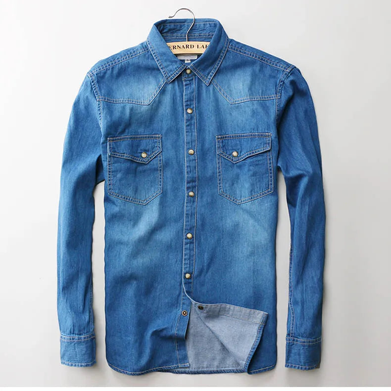 Fashion Men Denim Shirt Thin Long Sleeve Soft Cotton Double Pockets Slim Slight Elastic Jeans Blue Tops Cowboy Clothing