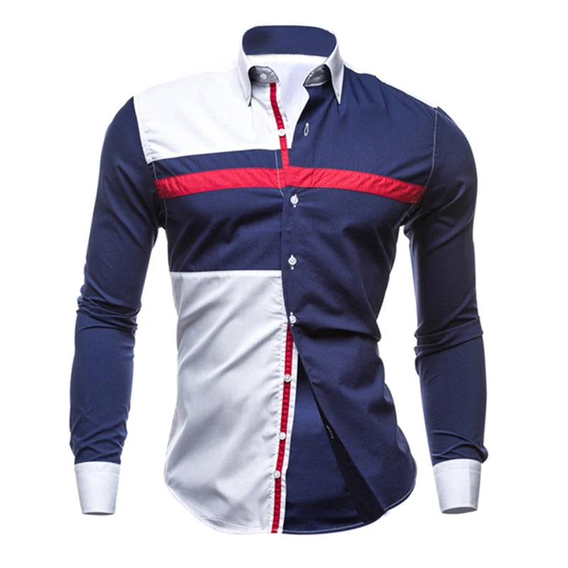 Men Long Sleeve Shirt 2024 Spring Striped Shirts Slim Fit Male Casual Social Patchwork Shirt Turn-down Collar Camisa Masculina