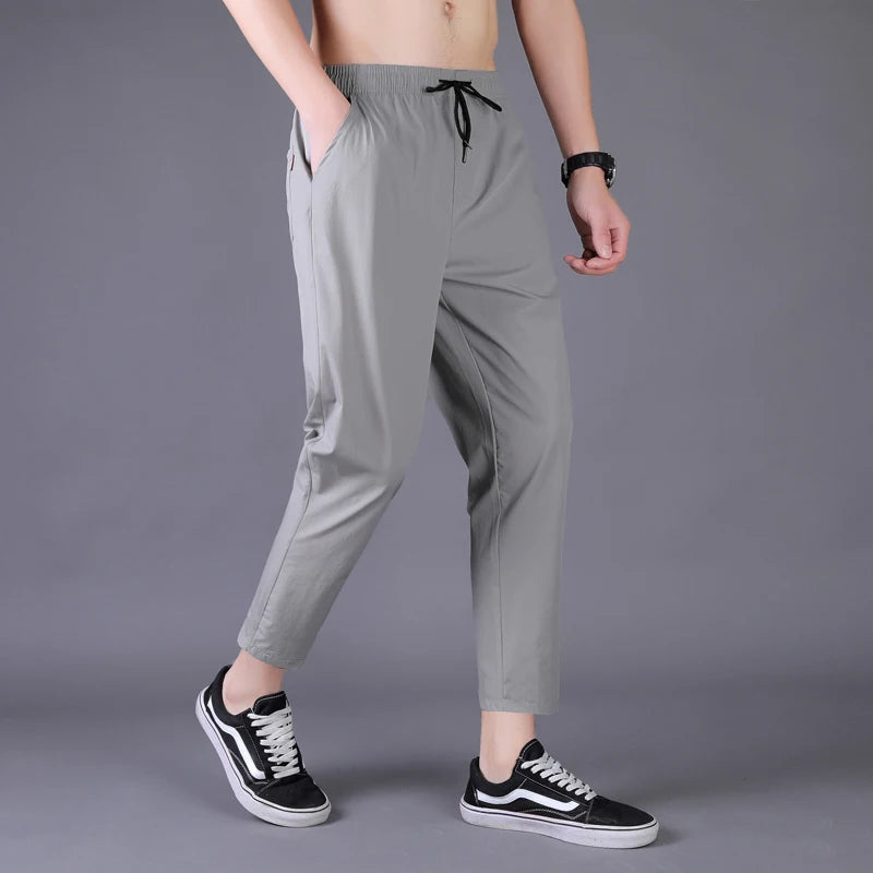 Men's Summer Thin Pants Korean Trend Nine Straight Tube Loose Ice Silk Elastic Sweatpants For Boys Spring And Autumn Student