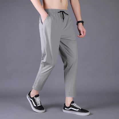 Men's Summer Thin Pants Korean Trend Nine Straight Tube Loose Ice Silk Elastic Sweatpants For Boys Spring And Autumn Student