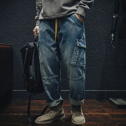 Autumn Winter Cargo Jeans Men's Loose Multi-pocket Casual Tide Denim Pants Baggy Fashion Trousers