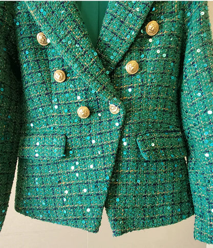 2023 New High Quality Autumn Winter Green Plaid Tweed Jacket Coat Vintage Women Turn Down Collar Sequined Thick Slim Outerwear