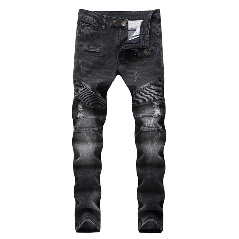 High-quality New Mens Ripped Jeans Cotton Black Slim Skinny Motorcycle Jeans Men Vintage Distressed Denim Jeans Hiphop Pants