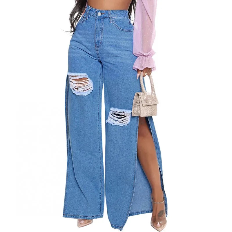 Blue Sexy Hole Jeans Women Stretch Split Wide Leg Denim Flare Long Pants Spring Autumn New High Street Ladies Fashion Club