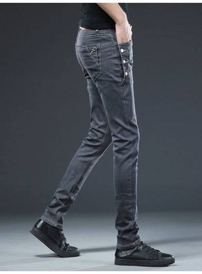 Trendy Men Clothing Slim Button Black Jeans Solid Color Stretch Skateboard Multi-button Youth Male Skinny Denim Pants