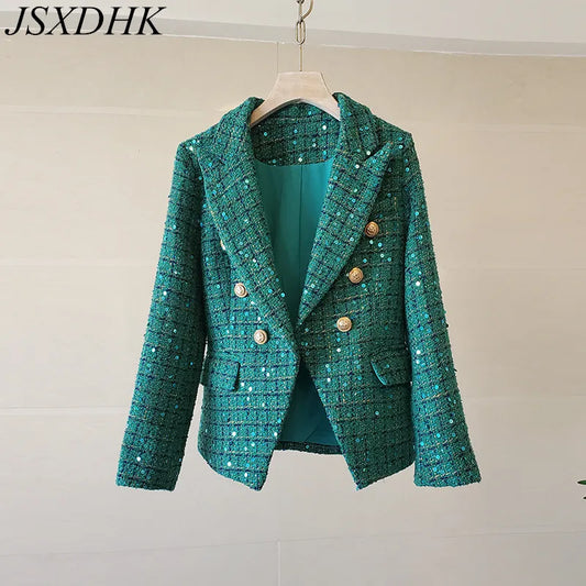 2023 New High Quality Autumn Winter Green Plaid Tweed Jacket Coat Vintage Women Turn Down Collar Sequined Thick Slim Outerwear