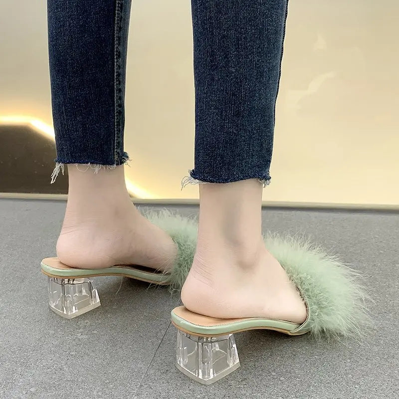 New Summer Fluffy Peep Toe Sexy High Heels Women Shoes Fur Feather Lady Fashion Wedding Slip-On Pink Square Toe Women Sandals