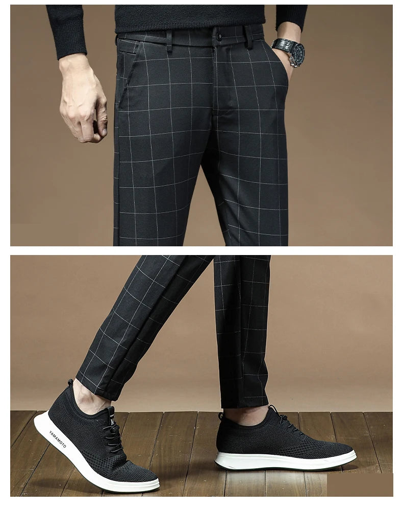 Fashion High Quality OUSSYU Men Pants Straight Long Classic Business Brand Thin England Stripe Casual Full Trousers Male 36 38