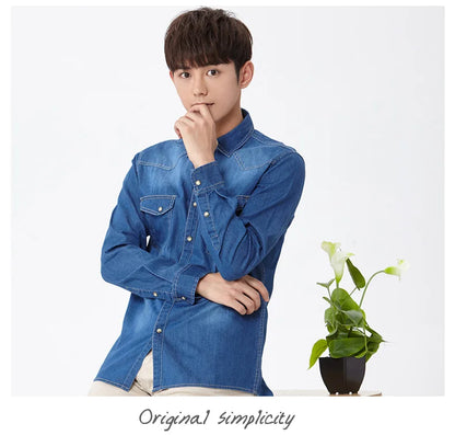 Fashion Men Denim Shirt Thin Long Sleeve Soft Cotton Double Pockets Slim Slight Elastic Jeans Blue Tops Cowboy Clothing