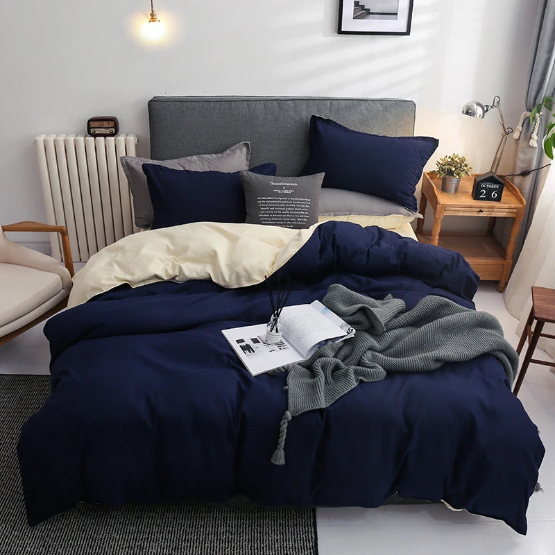 3/4PCS of Pure Dark Blue Beige bedding set,bedroom Bed sheet Duvet Cover Pillowcase Home Bed set,King Queen Full Single