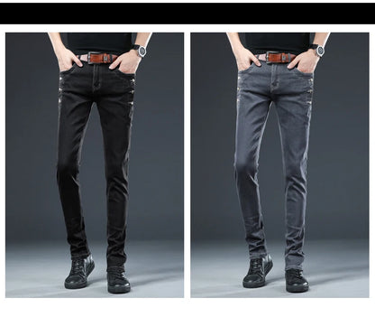 Trendy Men Clothing Slim Button Black Jeans Solid Color Stretch Skateboard Multi-button Youth Male Skinny Denim Pants