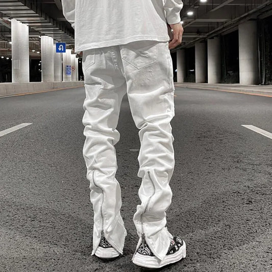 Harajuku Back Zipper Hole Ripped White Jeans Pants Mens Straight Washed Retro Oversized Streetwear Casual Denim Trousers