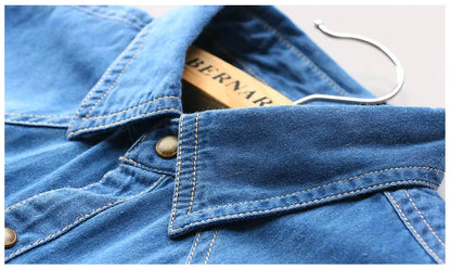 Fashion Men Denim Shirt Thin Long Sleeve Soft Cotton Double Pockets Slim Slight Elastic Jeans Blue Tops Cowboy Clothing