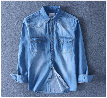 Fashion Men Denim Shirt Thin Long Sleeve Soft Cotton Double Pockets Slim Slight Elastic Jeans Blue Tops Cowboy Clothing