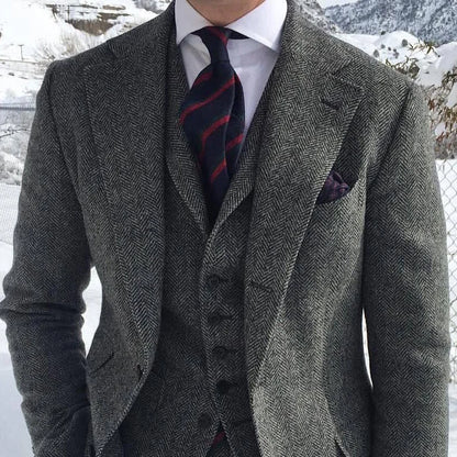 Gray Wool Tweed Winter Men Suit's For Wedding Formal Groom Tuxedo Herringbone Male Fashion 3 Piece Suit (Jacket + Vest + Pants)