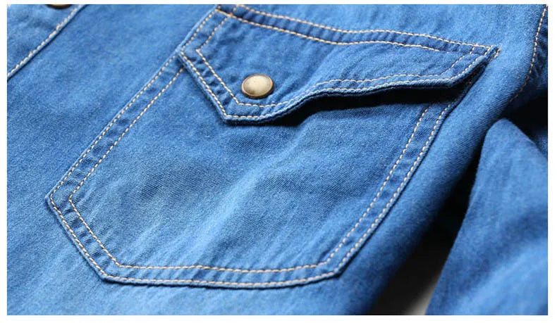 Fashion Men Denim Shirt Thin Long Sleeve Soft Cotton Double Pockets Slim Slight Elastic Jeans Blue Tops Cowboy Clothing