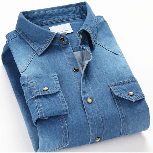 Fashion Men Denim Shirt Thin Long Sleeve Soft Cotton Double Pockets Slim Slight Elastic Jeans Blue Tops Cowboy Clothing