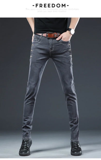 Trendy Men Clothing Slim Button Black Jeans Solid Color Stretch Skateboard Multi-button Youth Male Skinny Denim Pants