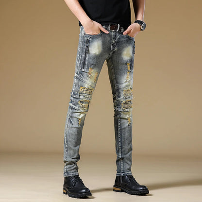 High-quality New Mens Ripped Jeans Cotton Black Slim Skinny Motorcycle Jeans Men Vintage Distressed Denim Jeans Hiphop Pants