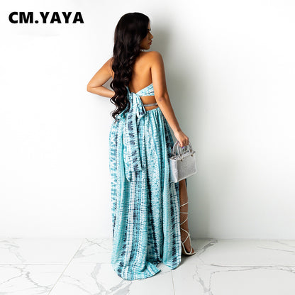 CM.YAYA Women Long Dress Print Sleeveless Halter Bandage Hollow Out Splited Maxi Dresses Sexy Night Party Vestidos Summer Outfit