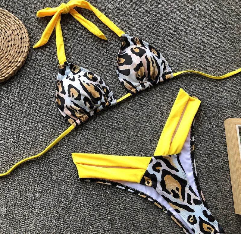 Sexy Splicing Zebra Halter Brazilian Bikini Women Swimsuit Female Thong Swimwear Two Piece Bikini Set High Cut Bathing Suit Swim