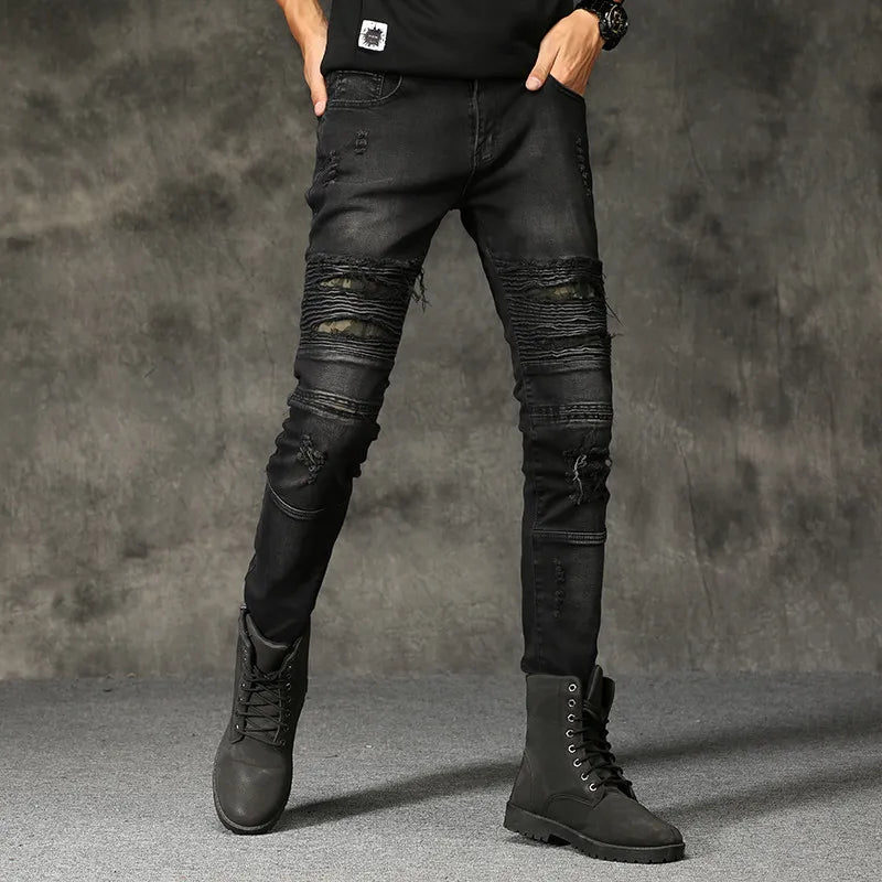 High-quality New Mens Ripped Jeans Cotton Black Slim Skinny Motorcycle Jeans Men Vintage Distressed Denim Jeans Hiphop Pants