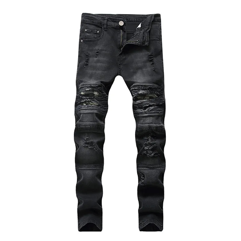 High-quality New Mens Ripped Jeans Cotton Black Slim Skinny Motorcycle Jeans Men Vintage Distressed Denim Jeans Hiphop Pants