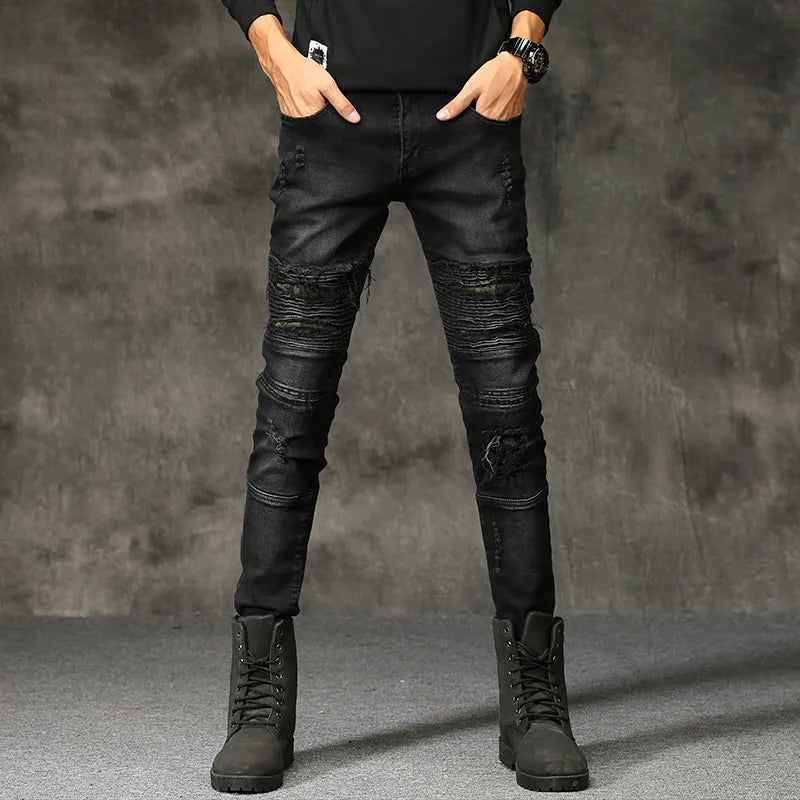 High-quality New Mens Ripped Jeans Cotton Black Slim Skinny Motorcycle Jeans Men Vintage Distressed Denim Jeans Hiphop Pants