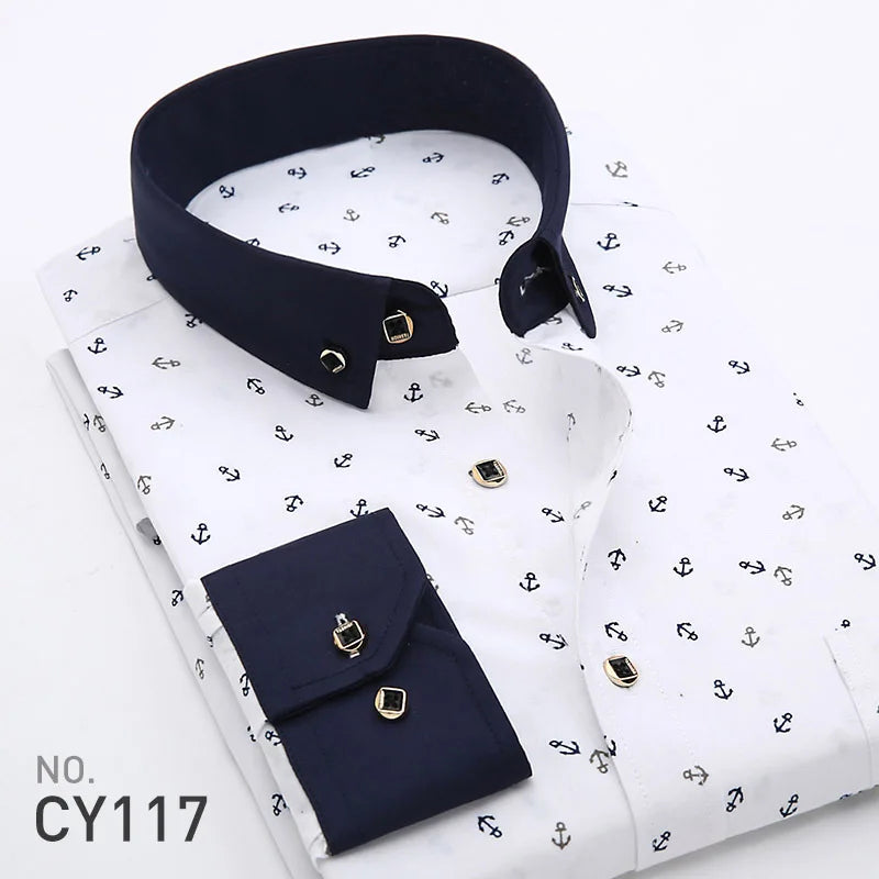 Quality Formal White Spring Men Shirts Casual Mens Shirt Printed Brand Button Collar Slim Fit Floral Social Man Dress Shirt