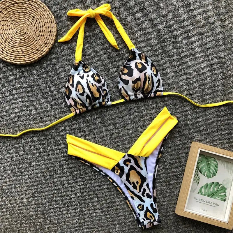 Sexy Splicing Zebra Halter Brazilian Bikini Women Swimsuit Female Thong Swimwear Two Piece Bikini Set High Cut Bathing Suit Swim