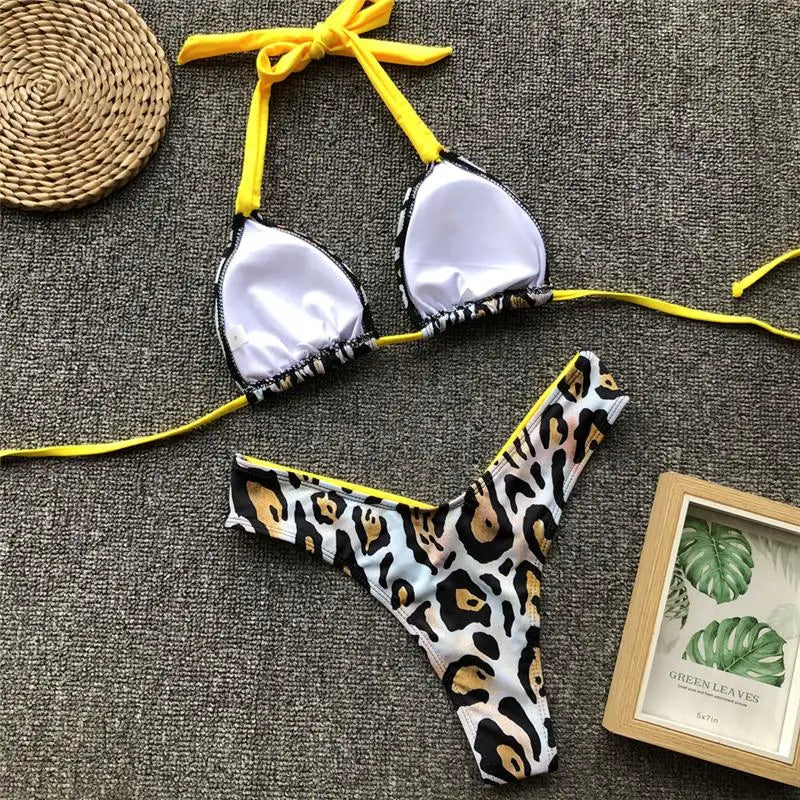 Sexy Splicing Zebra Halter Brazilian Bikini Women Swimsuit Female Thong Swimwear Two Piece Bikini Set High Cut Bathing Suit Swim