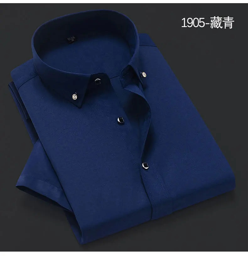 Quality Diamond Men Short Sleeve Shirt Button White Formal Solid Plaids Dress Shirts Turn Down Slim Fit Casual Camisa Masculina