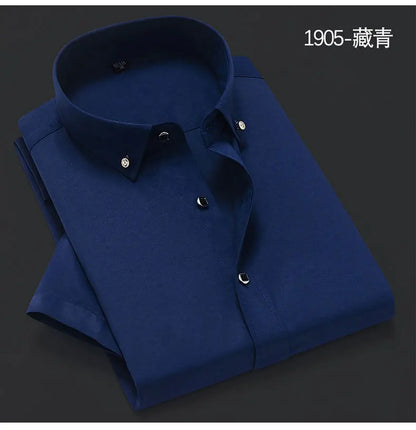 Quality Diamond Men Short Sleeve Shirt Button White Formal Solid Plaids Dress Shirts Turn Down Slim Fit Casual Camisa Masculina