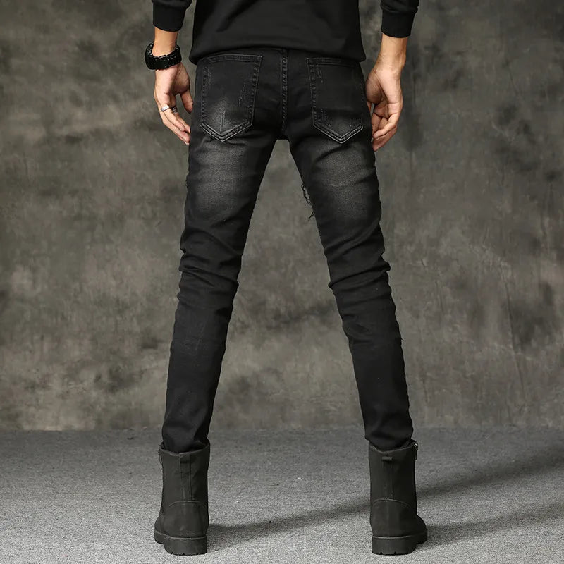 High-quality New Mens Ripped Jeans Cotton Black Slim Skinny Motorcycle Jeans Men Vintage Distressed Denim Jeans Hiphop Pants