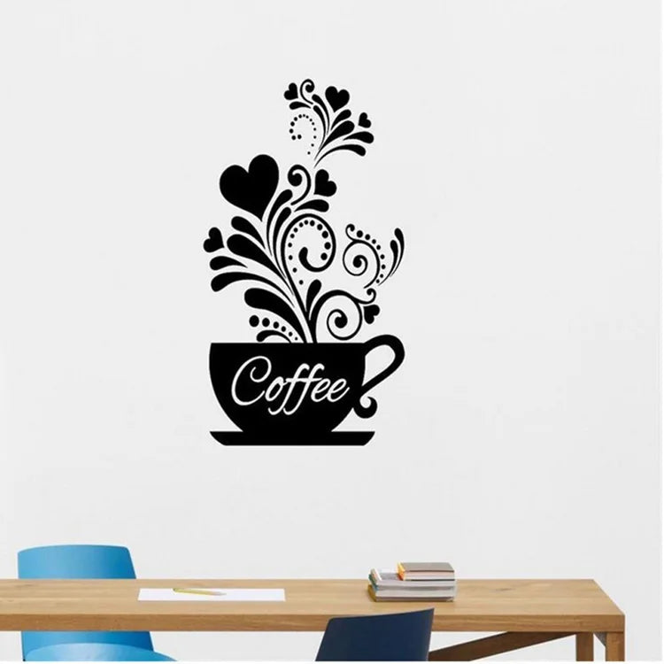 Creative Flower Vine Coffee Cup Wall Stickers For Cafe Restaurant Decoration Decals Home Kitchen Decor Self-adhesive Wallpaper