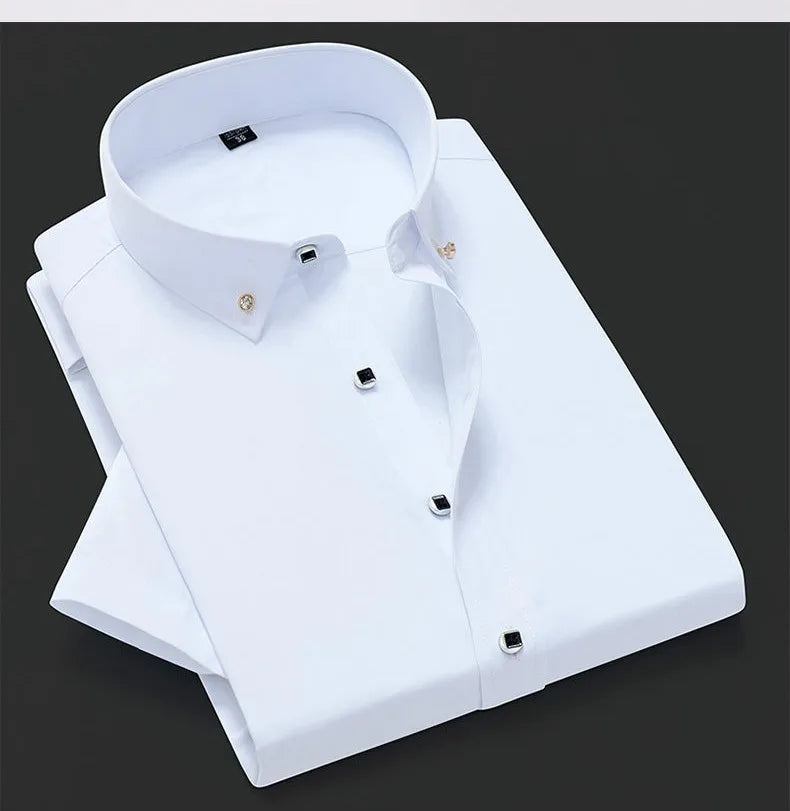 Quality Diamond Men Short Sleeve Shirt Button White Formal Solid Plaids Dress Shirts Turn Down Slim Fit Casual Camisa Masculina