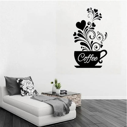 Creative Flower Vine Coffee Cup Wall Stickers For Cafe Restaurant Decoration Decals Home Kitchen Decor Self-adhesive Wallpaper