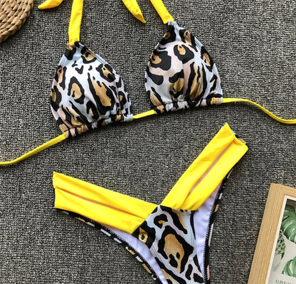 Sexy Splicing Zebra Halter Brazilian Bikini Women Swimsuit Female Thong Swimwear Two Piece Bikini Set High Cut Bathing Suit Swim