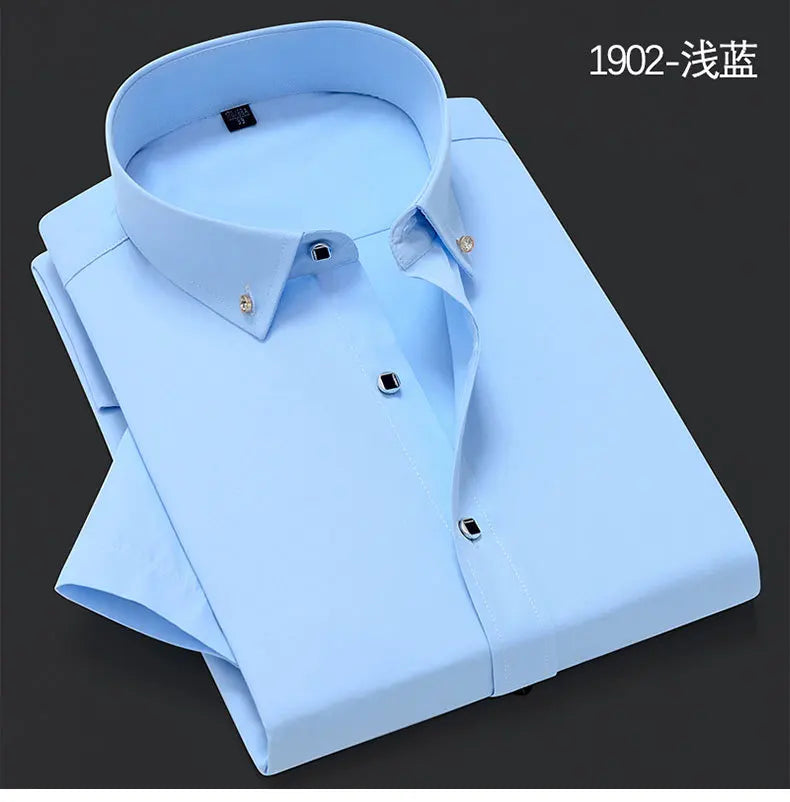 Quality Diamond Men Short Sleeve Shirt Button White Formal Solid Plaids Dress Shirts Turn Down Slim Fit Casual Camisa Masculina