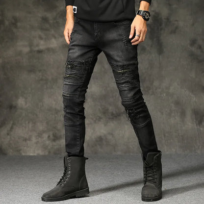 High-quality New Mens Ripped Jeans Cotton Black Slim Skinny Motorcycle Jeans Men Vintage Distressed Denim Jeans Hiphop Pants