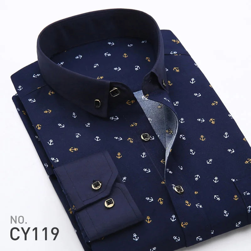 Quality Formal White Spring Men Shirts Casual Mens Shirt Printed Brand Button Collar Slim Fit Floral Social Man Dress Shirt