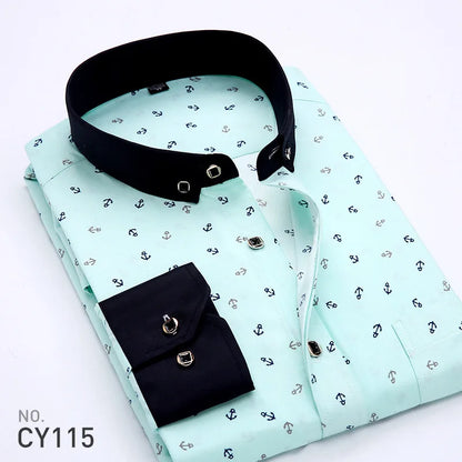 Quality Formal White Spring Men Shirts Casual Mens Shirt Printed Brand Button Collar Slim Fit Floral Social Man Dress Shirt