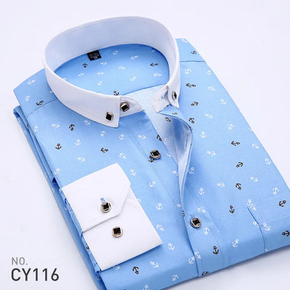 Quality Formal White Spring Men Shirts Casual Mens Shirt Printed Brand Button Collar Slim Fit Floral Social Man Dress Shirt