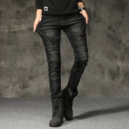 High-quality New Mens Ripped Jeans Cotton Black Slim Skinny Motorcycle Jeans Men Vintage Distressed Denim Jeans Hiphop Pants