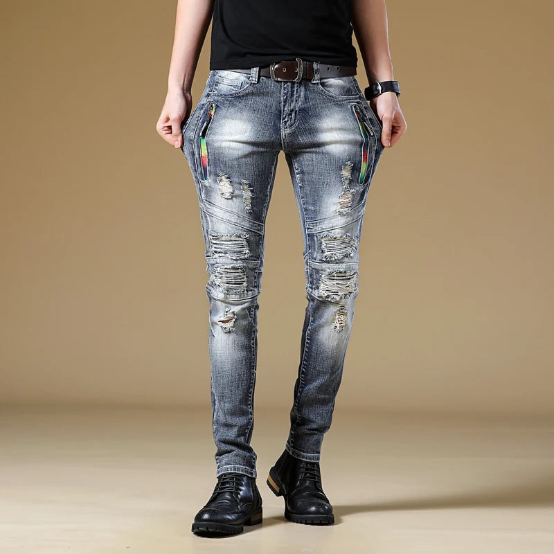 High-quality New Mens Ripped Jeans Cotton Black Slim Skinny Motorcycle Jeans Men Vintage Distressed Denim Jeans Hiphop Pants