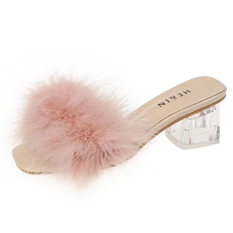 New Summer Fluffy Peep Toe Sexy High Heels Women Shoes Fur Feather Lady Fashion Wedding Slip-On Pink Square Toe Women Sandals