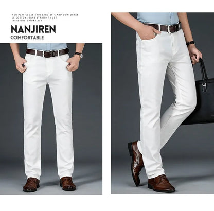 2021 All White Jeans Regular Straight Washed Classic Denim Pants Brand Male Casual Trousers Four Seasons Wear